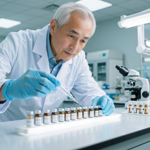 资深药剂师头像,五十岁左右男性,穿白色实验服,戴眼镜,背景为实验室
